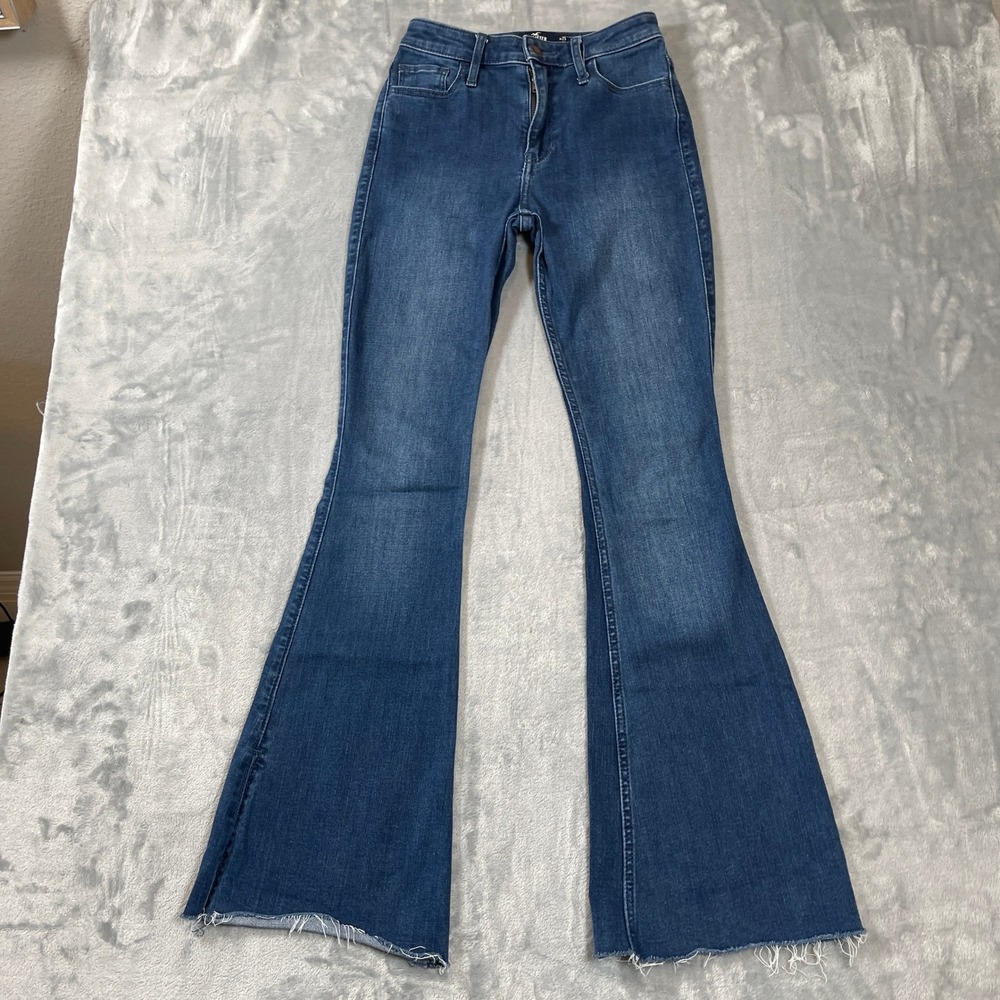 Hollister Womens Jeans Size 1R W25 L31โ High Rise Flare Medium Wash Raw Hem